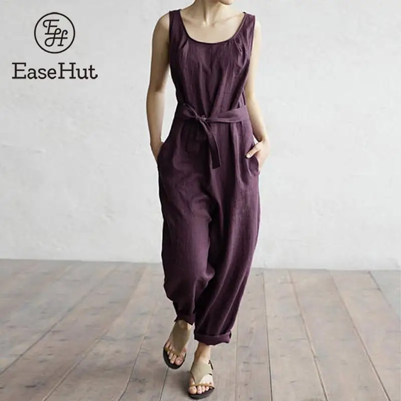 

EaeHut Women Vintage Jumpsuit Rompers Summer Loose Casual Sleeveless Rompers Bandage Belted High Waist Playsuit Overalls Female
