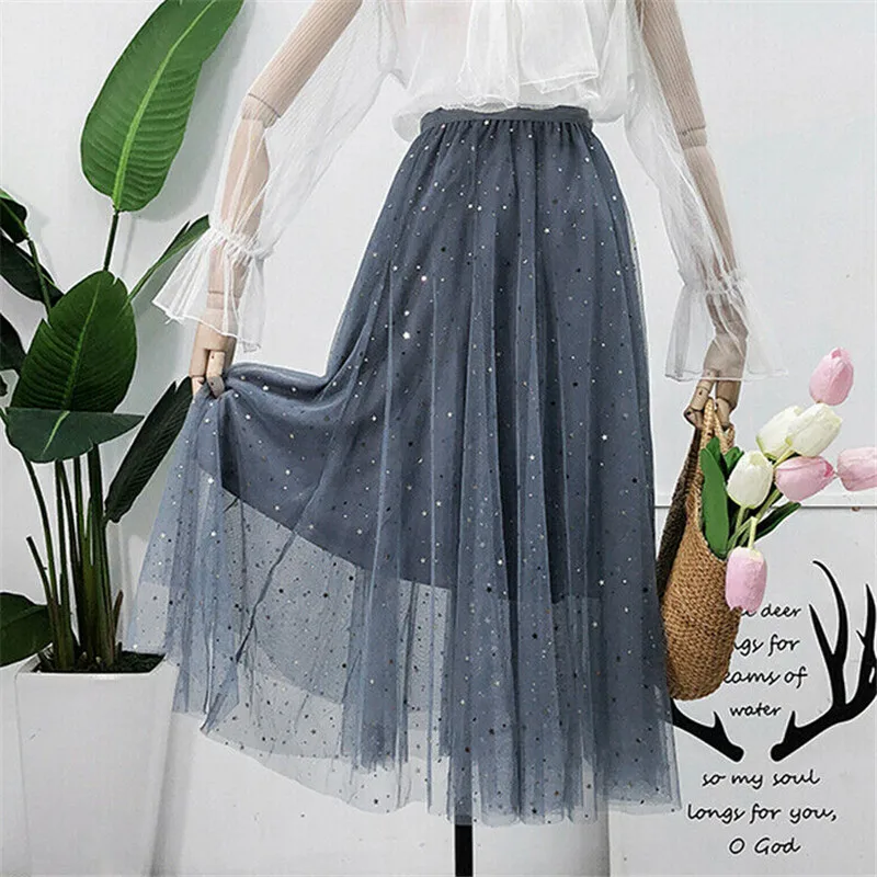 

Fashion Women High Waist Pleated Skirt 2019 Summer Elastic Waist Long Maxi Skirt Sexy Swing Star Moon Printed Lace Tulle Skirts
