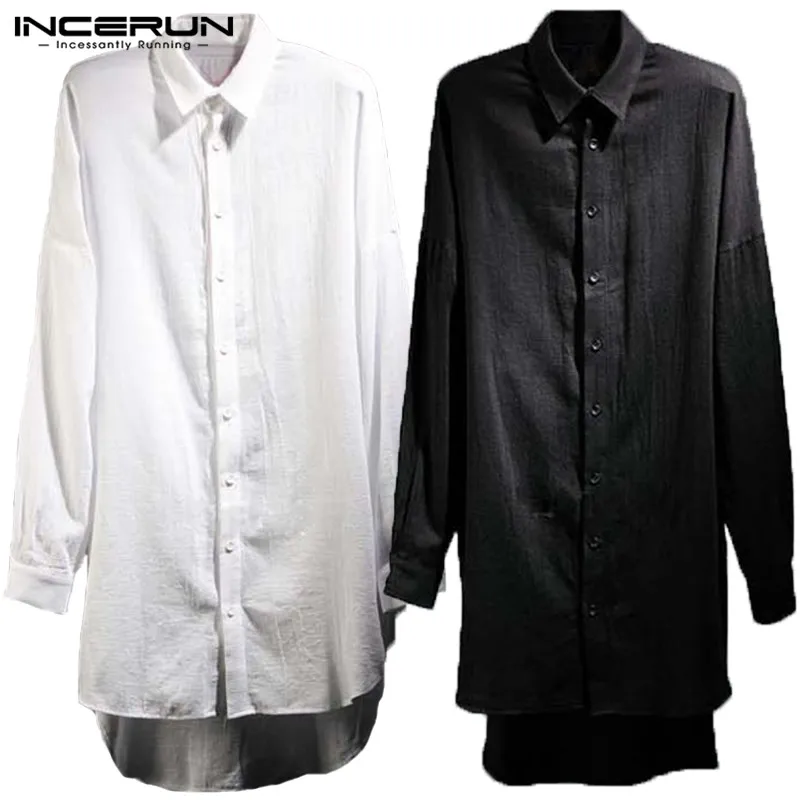 

INCERUN Men Shirt Korean Style Solid Color Casual Long Sleeve Lapel Neck Long Shirt Men Loose Fashion Thin Male Tops Camisa 5XL