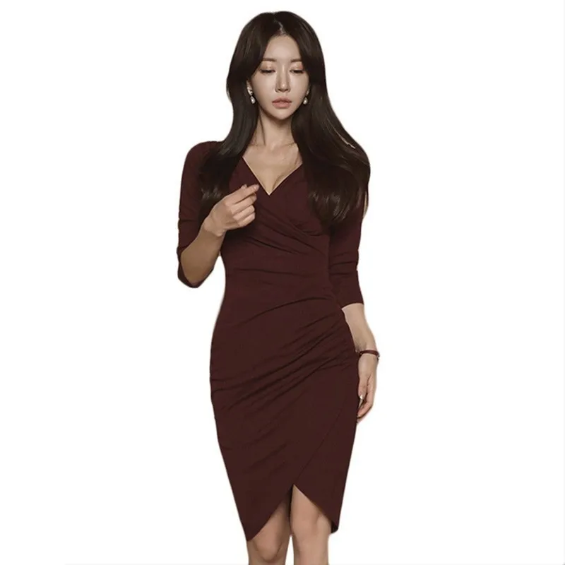

2019 Spring Fashion Women Half Sleeve Bodycon Dress Sexy V Neck High Waist Slim Stretch Casual Work Party Wear Women Clothing
