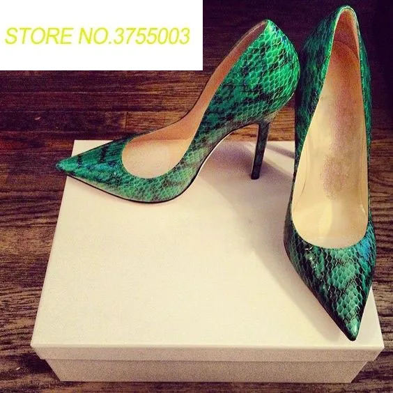 

2018 Spring Hot Green Python Leather Women Pointy Toe Pumps Slip On Ladies Sexy High Heels Fashion Party Stiletto Dress Shoes