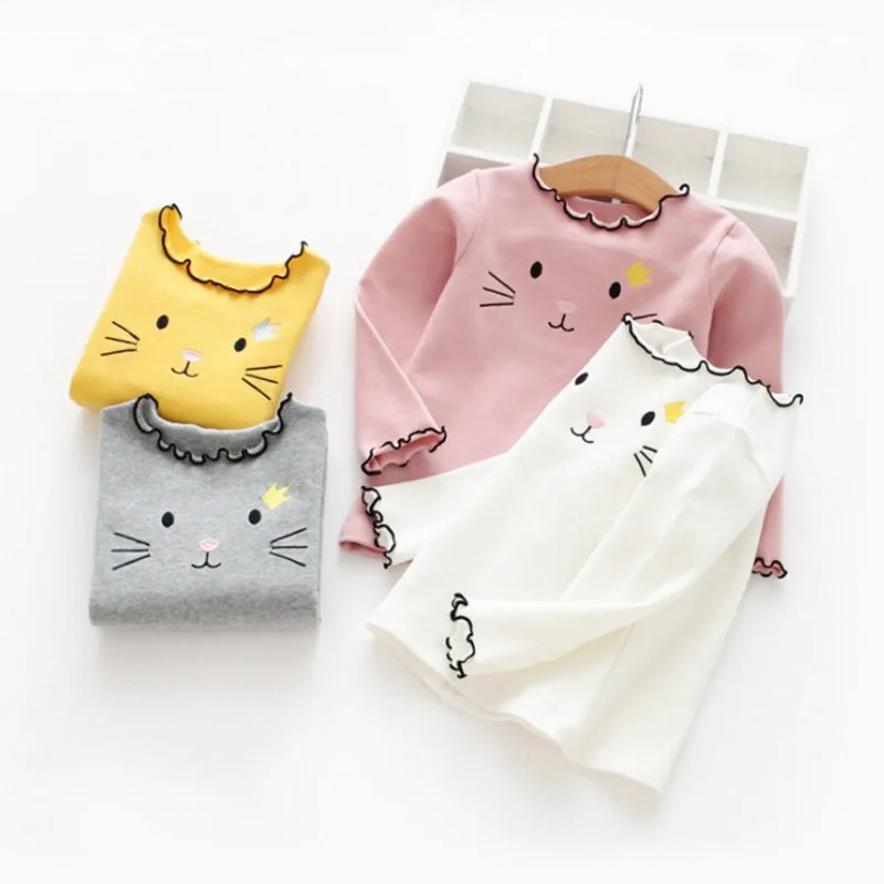 Spring Fall Girls Shirts Cotton Long Sleeve Cartoon Cat Embroidery Children's T-Shirt Girl Kids Baby Toddler Tops And Blouses