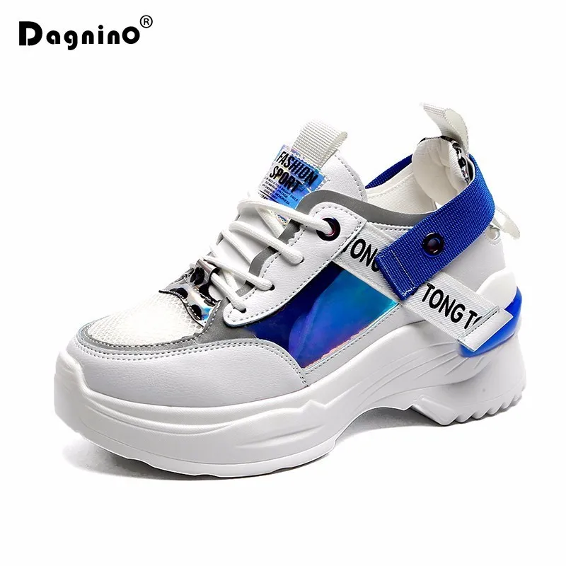 

New Summer Breathable Mesh Sneakers Women 2019 Leather Thick Bottom Casual Fashion Flats Walking Light Platform 6CM Wedges Shoes