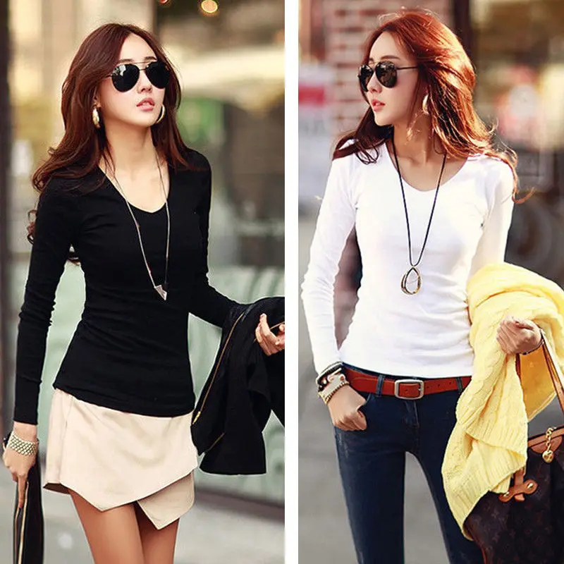 

Summer Women's Casual Fashion Loose Cotton Long Sleeve Ladies V Neck Slim Fit T-Shirt Tee Tops S-XL