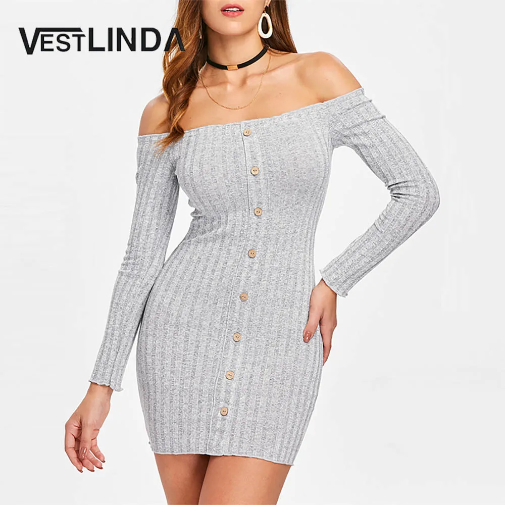 Платье футляр VESTLINDA с открытыми плечами трикотажное платье в рубчик вырезом