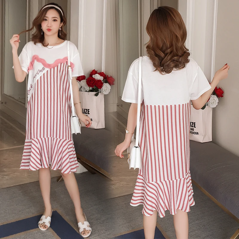 

2019 pregnant women summer fashionable new stripe short sleeve dress striped patchwork cotton maternity trumpet mermaid dress