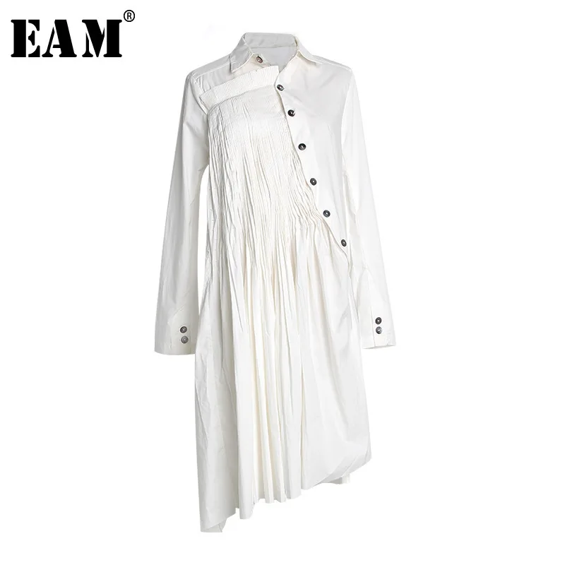 

[EAM] 2019 New Spring Summer Lapel Long Sleeve White Pleated Irregular Button Stitch Loose Shirt Dress Women Fashion Tide JT2840