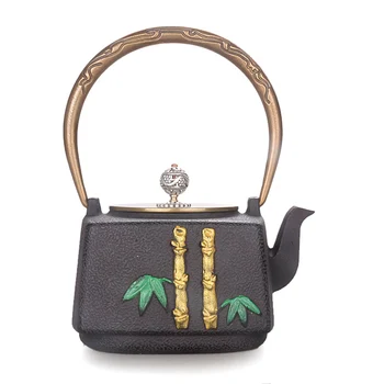 

Japanese cast iron kungfu tea pot bamboo colour gold copper cap manual boiling water bottle kettle teapot teaware drinkware 1L