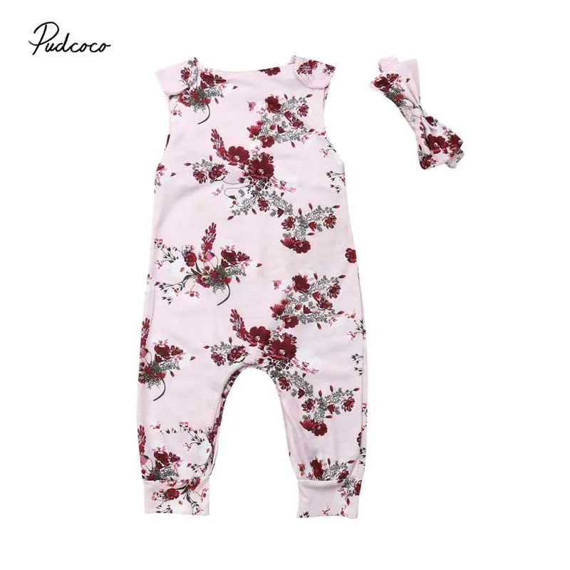 

2019 Brand Newborn Flower Girls Baby Clothes Cotton Romper Summer New Floral Sleeveless Jumpsuit Headband Cute Cotton Sunsuit