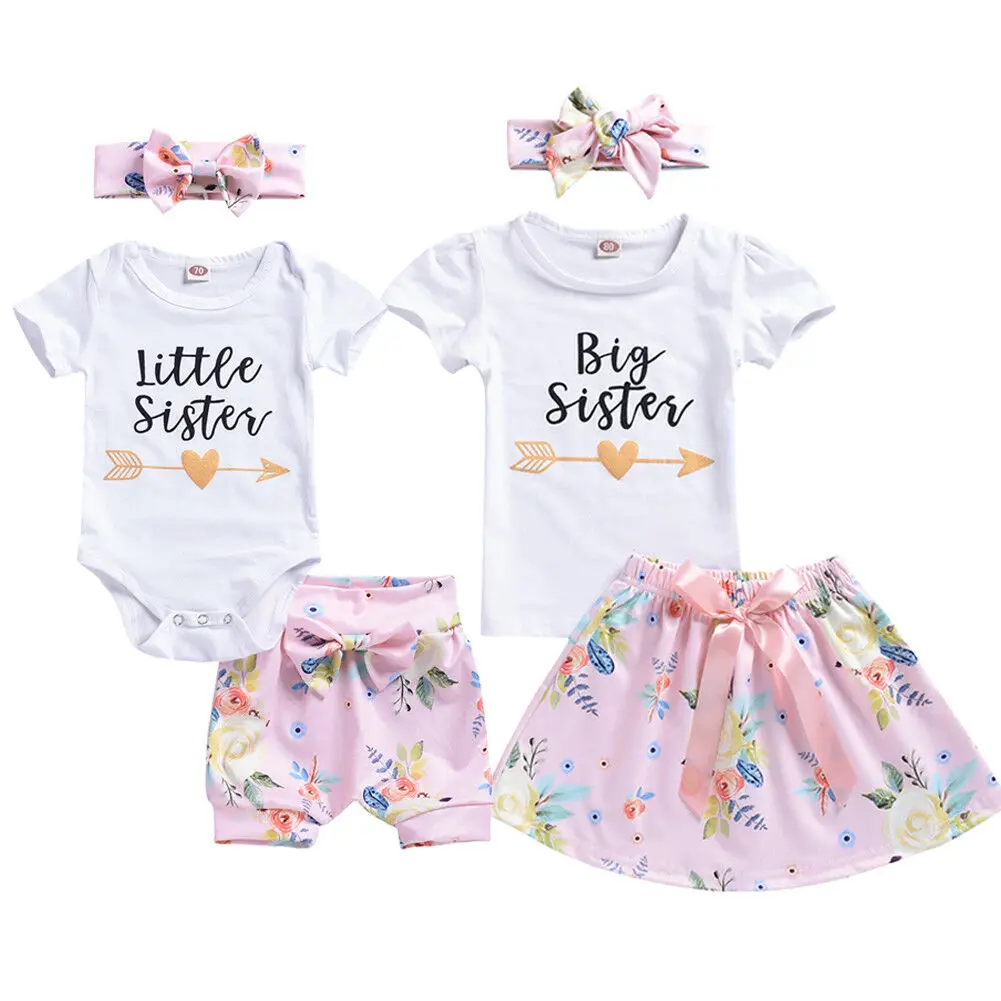 

Sister Family Lovely Cute Summer Clothes Sets Baby Girl Kids Suit Big Sister Dress +T-shirt Little Sister Romper Skirt Clothes