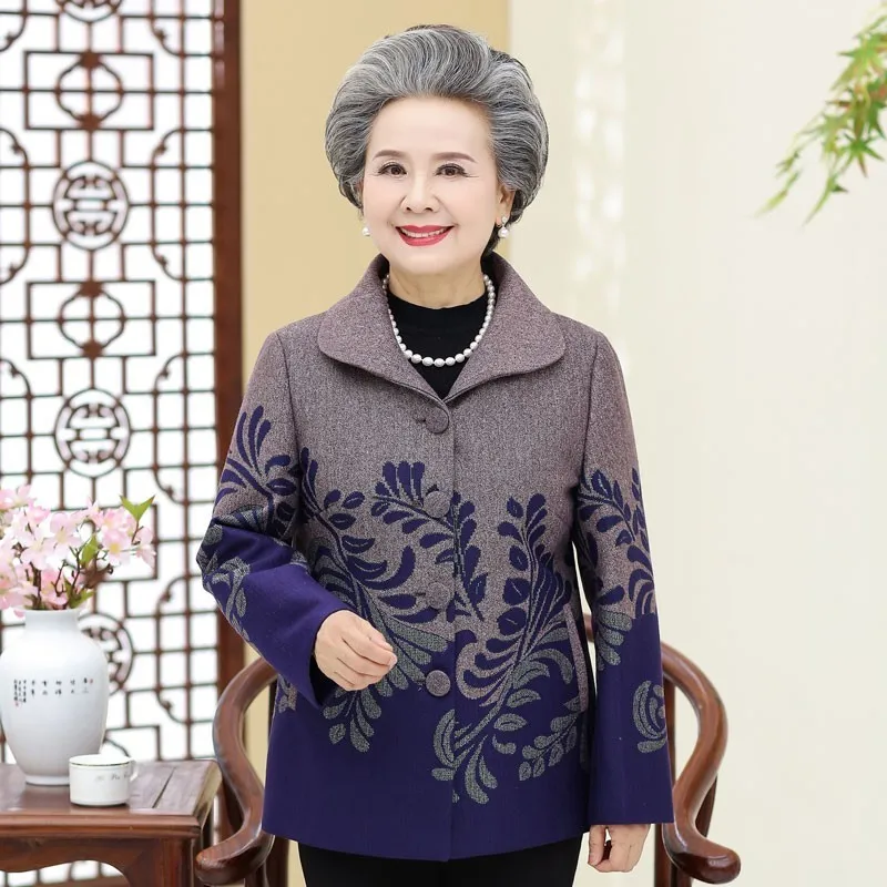 

Vintage Flower Print Jacket Middle Aged Women Spring Autumn Long Sleeve Casual Single Breasted Outwear Loose Coat Tops