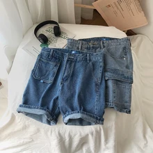 Летние Новые мужские шорты, модные, вымытые, прямые, однотонная джинсовая, мужские, уличные, трендовые, свободные шорты в стиле хип-хоп, S-2XL