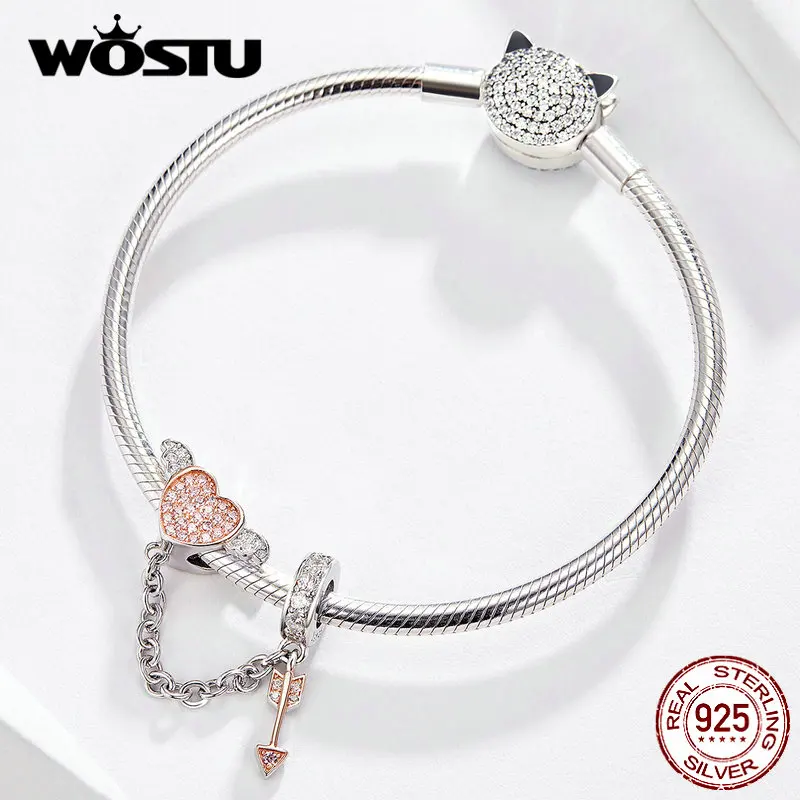 Kaufen WOSTU Herz Flügel Pfeil Sicherheit Kette 925 Sterling Silber Perlen Fit Original Armband Anhänger Silber 925 Schmuck Charms CQC1208