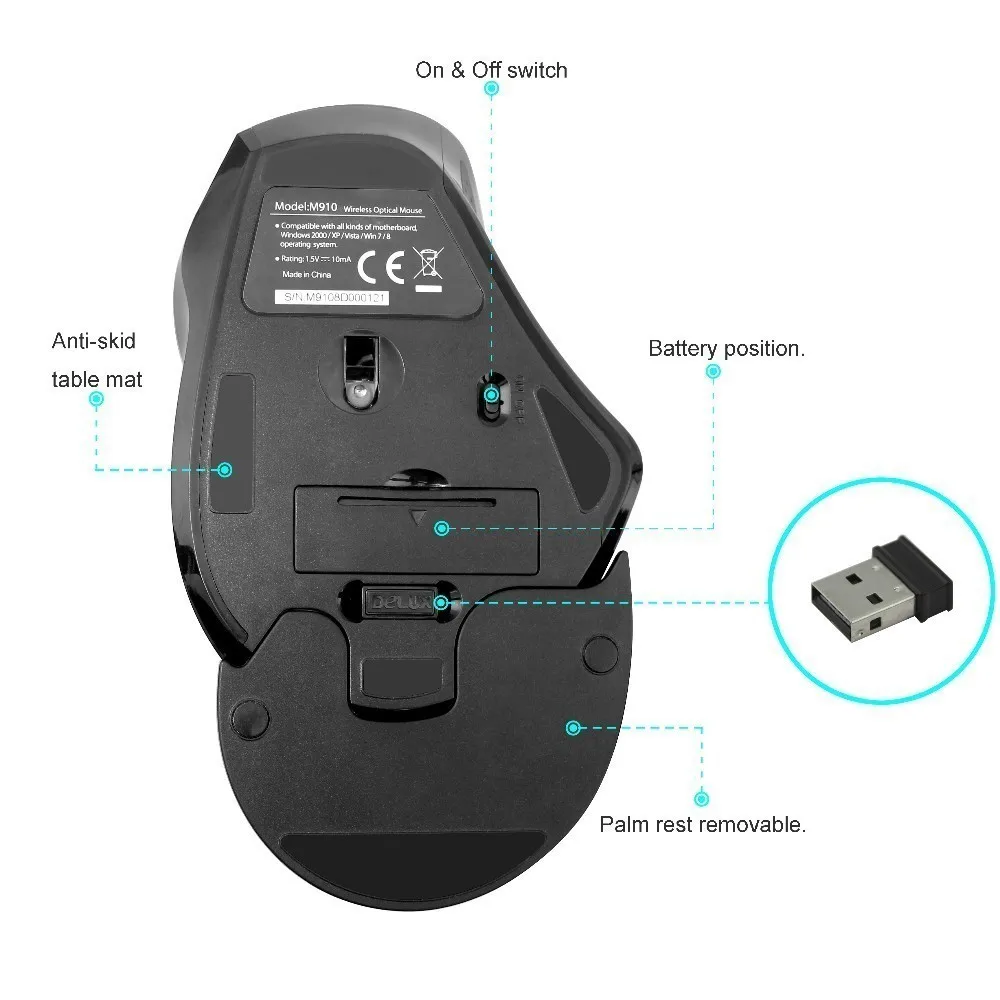 Delux M910, беспроводная мышь, эргономичные вертикальные Игровые мыши, 9 кнопок, 2400 dpi, USB, оптическая компьютерная мышь для ноутбука Overwatch Gamer