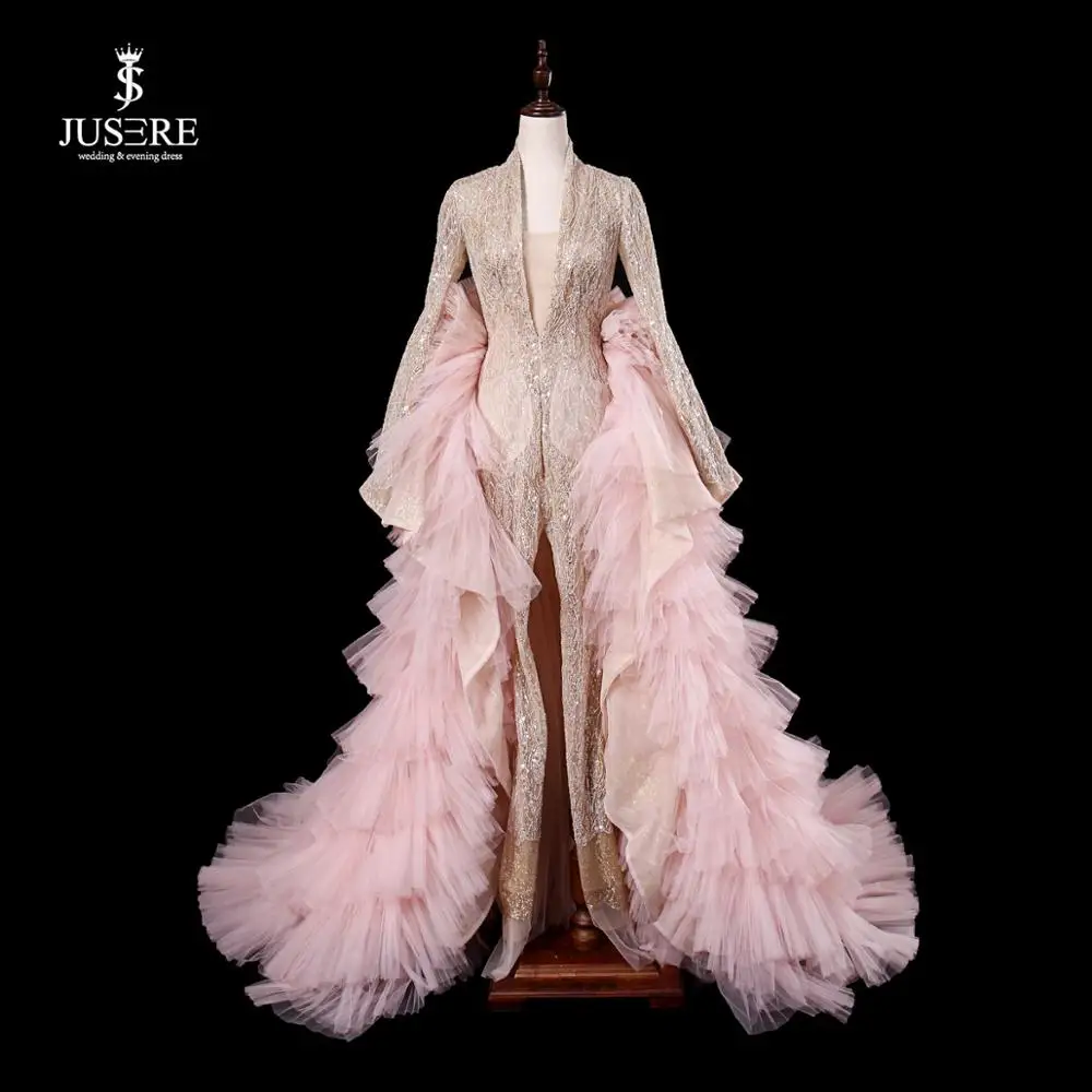 

JUSERE Robe de soiree Fashion Gold Pink Sleeve Long Evening Dress Detachable Skirt 2019 Sequin Formal Gowns Evening Dresses