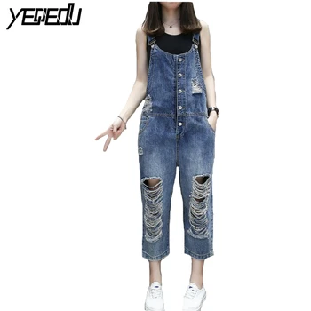 

#1110 Single-breasted Denim Overalls Women Ripped Loose Womens Rompers Jumpsuit Cropped Combinaison Female Jeans Jumpsuit