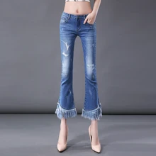 Harajuku джинсовые штаны расклешенные женские джинсы с кисточками джинсовые брюки сексуальные Стрейчевые синие облегающие джинсы Повседневная Уличная одежда pantalon femme Новинка
