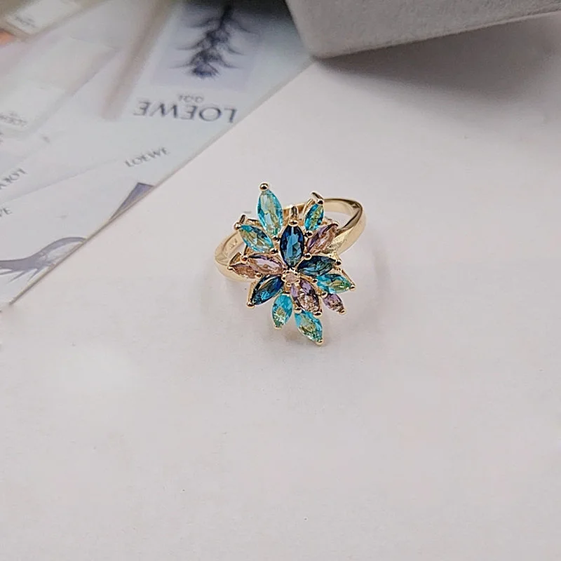 Роскошные вечерние кольца с разноцветными кристаллами и кубическим цирконием, женский большой цветок, металлическое кольцо с цирконием SZ 6-10