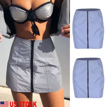 

Women Sexy Zipper Up Mini Skirt PU Wetlook Shiny Skirt Bodycon Night Clubwear Reflective Hip Skirts