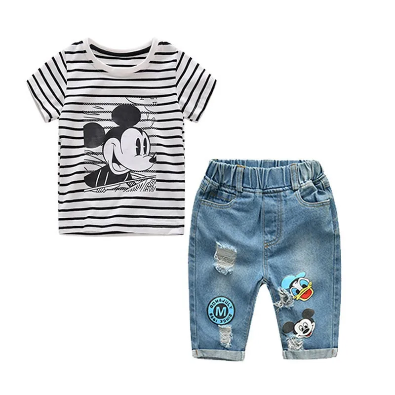 Summer Infant Boys Girls Cartoon Striped T Shirt + Denim Shorts Clothes 2pcs Sets Children Kids Hole Jeans Clothing