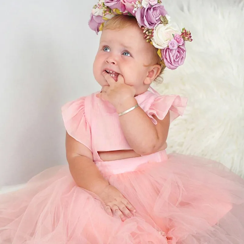 Sweet Princess Child Kids Baby Girl Backless Lace Bow Ruffles Lolita Tulle Dress Clothes Summer Children Pageant Party Clothes