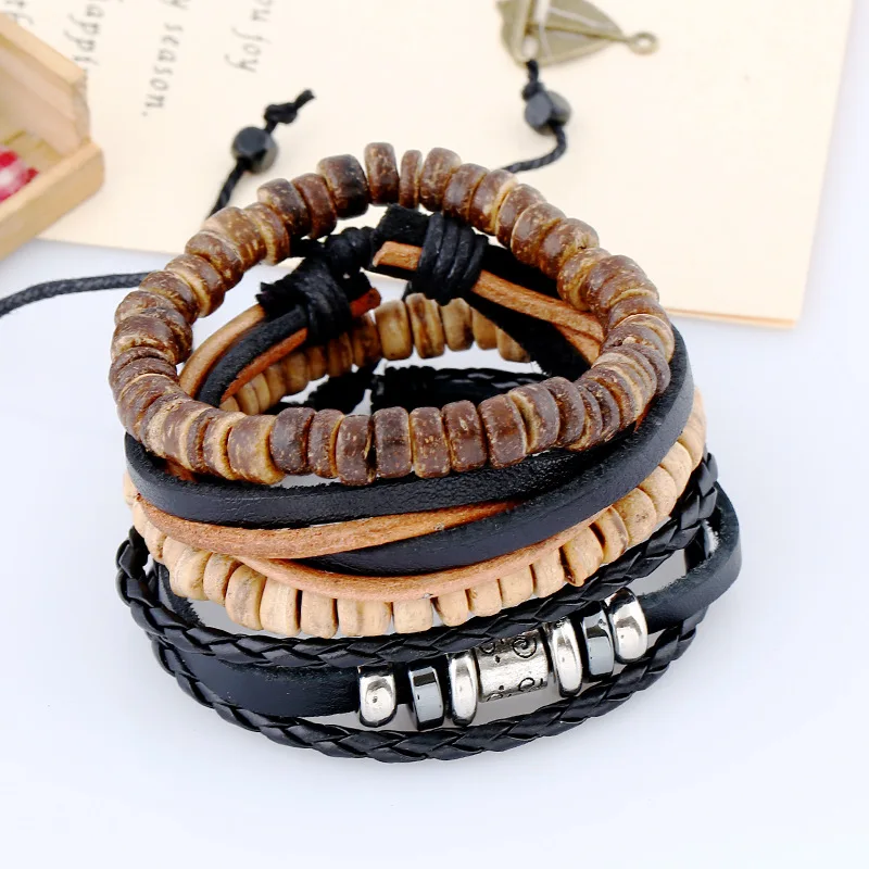 Дропшиппинг, многослойный кожаный браслет с листьями и перьями, мужской модный плетеный браслет ручной работы со звездами, браслеты и браслеты, мужской подарок