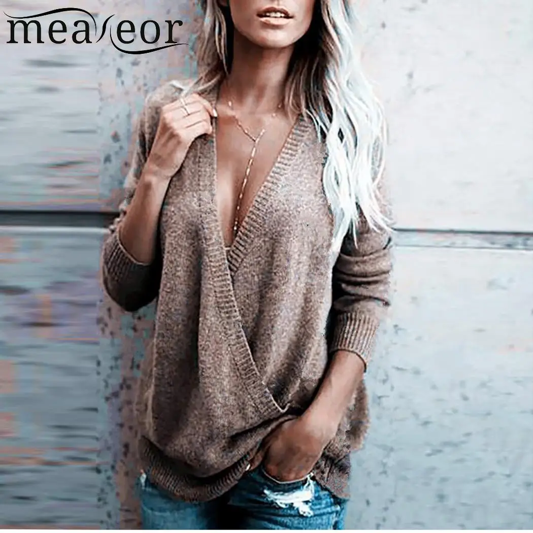Meaneor Повседневное Для женщин вязаные свитера с глубоким v-образным вырезом рубашка с длинными рукавами пуловеры Свободные Осень свитер