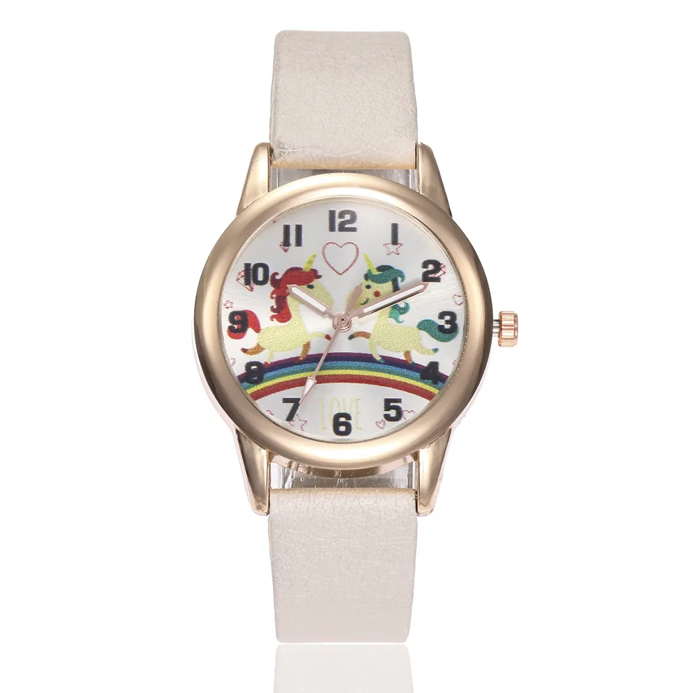 Children Watches Casual Leather Wristwatch Cartoon Student Rainbow Pony Love Digital Quartz Watch Child Dress Clock Xmas Gifts