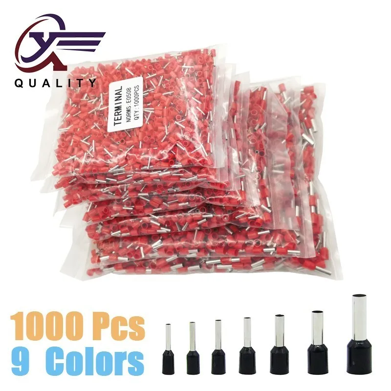 1000pcs/Pack E0508 E7508 E1008 E1508 E2508 Insulated Ferrules Terminal Block Cord End Wire Connector Electrical Crimp Terminator