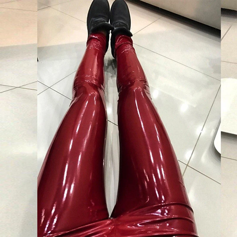 S-3XL размера плюс кожаные леггинсы с мокром эффектом женские тонкие эластичные леггинсы с высокой талией красные черные леггинсы модные женские штаны из искусственной кожи