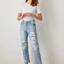 Trendyol рваные синие джинсы с высокой талией Прямые с отверстиями TCLSS19NI0016