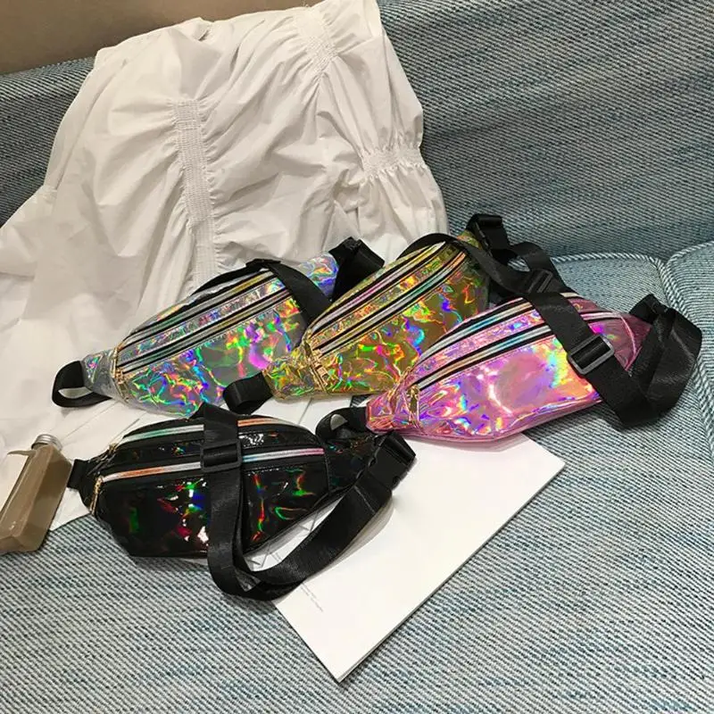 

Female Ladies Fashion Crossbody Fanny Packs Multifunction Chest Bags Girls Reflective Laser Women Belt Waist Bum Shoulder Bags
