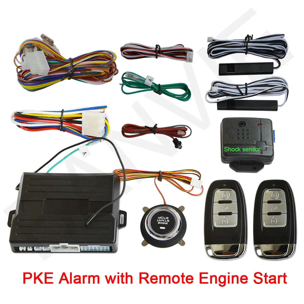 Universal PKE Car Alarm System with Engine Start / Stop Push Button and Engine Start passive Keyless Entry with SHOCK Senor Universal PKE Car Alarm System with Engine Start / Stop Push Button and Engine Start passive Keyless Entry with SHOCK Senor