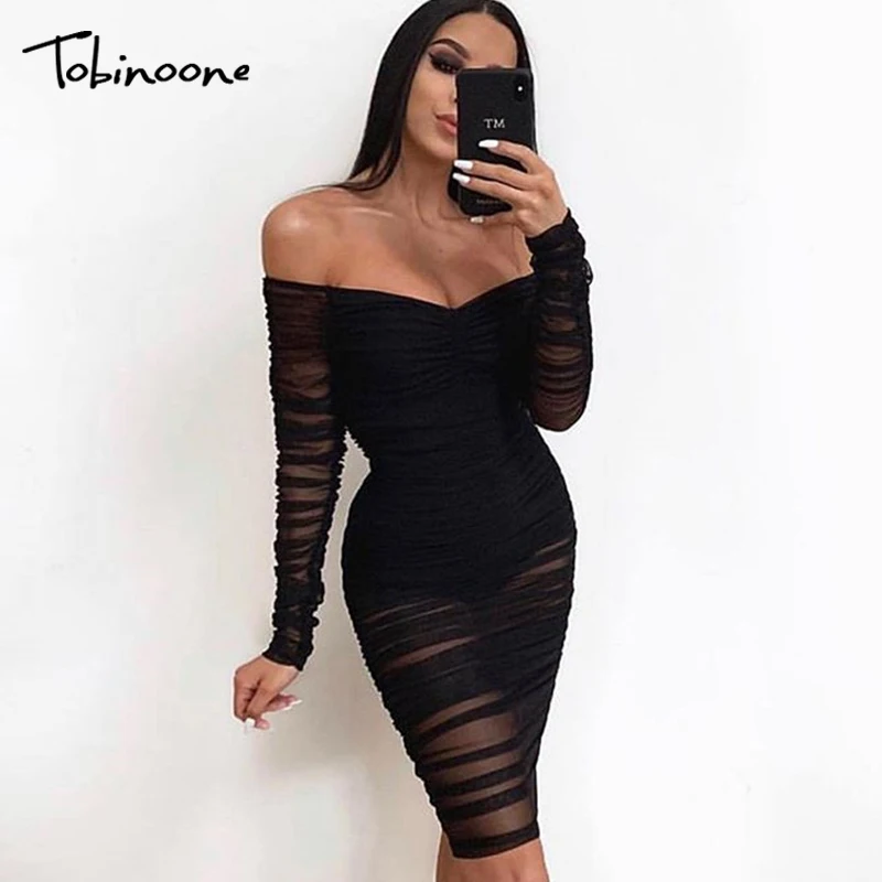 

Tobinoone 2019 Latest Summer Dress Women Long Sleeve Slash Neck Lace Mesh Bodycon Casual Party Evening Sexy Dress Clubwear