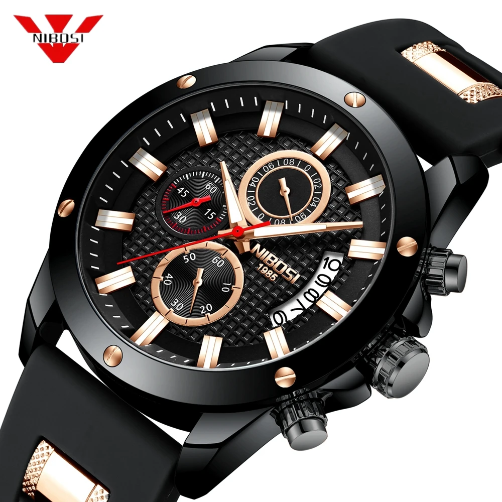 

NIBOSI Men's Chronograph Analog Quartz Watch Date Clock Military Sport Mens Watches Top Brand Luxury Silicone Wristwatch Gift