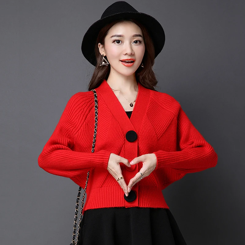 

2019 New Elegant Fashion Warm Autumn Winter Women Cardigan Long Bat Sleeve Sweater Short Korean V Neck Knit Cashmere Loose Tops