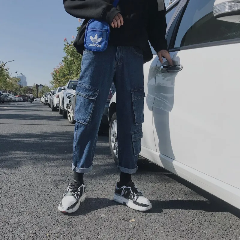 

2019 Fashion Classic Solid Color Many Pockets Work Men Blue American Baggy Homme Jeans Streetwear Cargo Long Pants Large Size