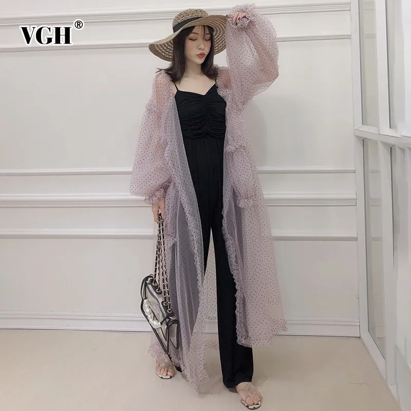 

VGH Summer Beach Style Dot Long Length Shirt For Women V Neck Lantern Sleeve Pockets Loose Clothing Top Female Fashion 2019 New