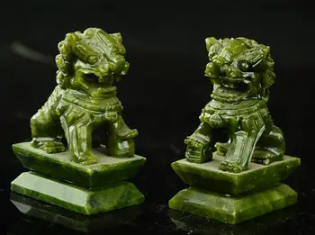 

Rare A Pair Of 100% Chinese Natural Green Jade Hand-carved Statues Lion Fook Dog