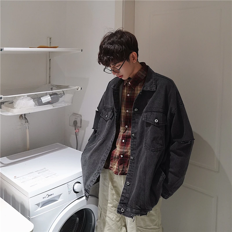 2019 Korean Style Men's Cowboy Streetwear Bomber Denim Jacket Male Loose Coats Fashion Trend Work Clothes Blue Windbreaker M-2XL