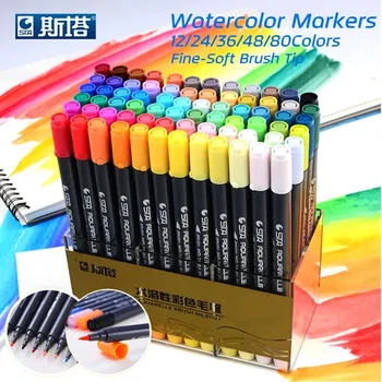 

STA 12/24/80Colors Set Water Based Ink Sketch Marker Pens Twin Tip Fine Brush Marker Pen For Graphic Drawing Manga Art Supplies