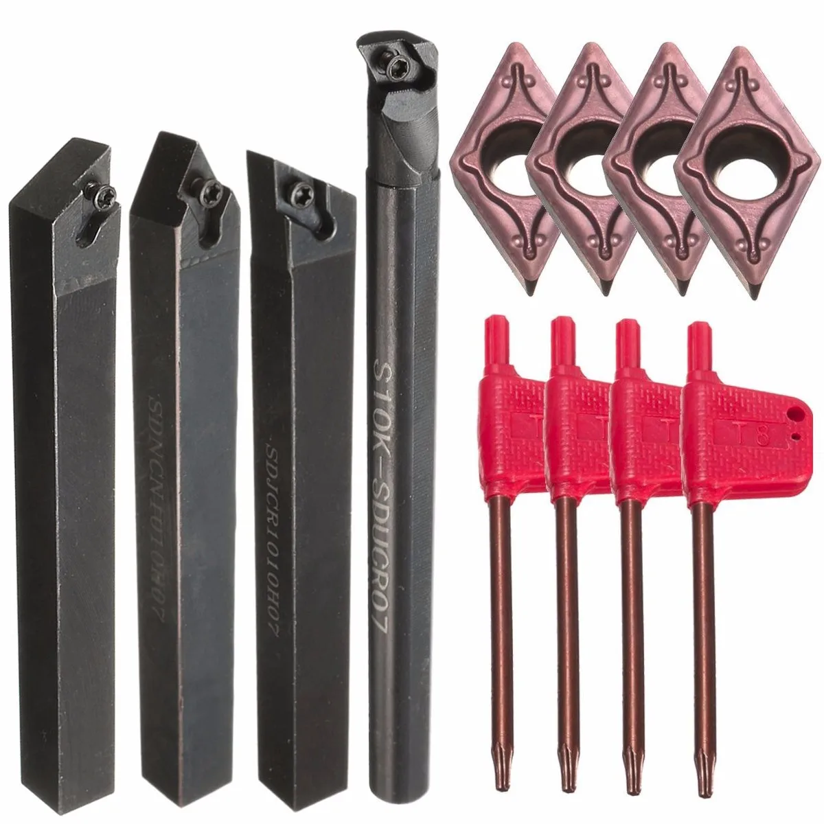 4pcs 10mm Lathe Turning Tool Holder Boring Bar with 4pcs DCMT0702 Insert 100/125mm 4 Degree