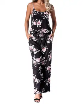 

Women Sexy Backless Rompers Jumpsuits 2020 Summer Casual Straight Floral Print Long Wide Leg Pants Playsuits Pockets Bodysuits