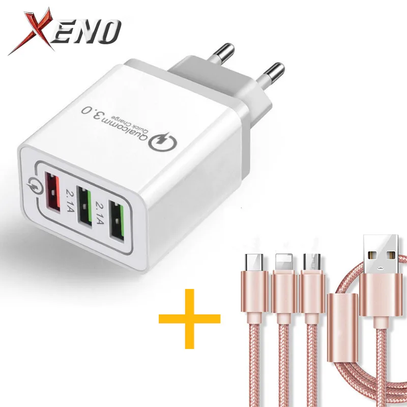 

5V 2.1 3 USB Charger Quick Charge QC 3.0 Fast Charging Adapter 1m 3in1 USB Cable Phone Charger For iphone Micro USB Type C Cable