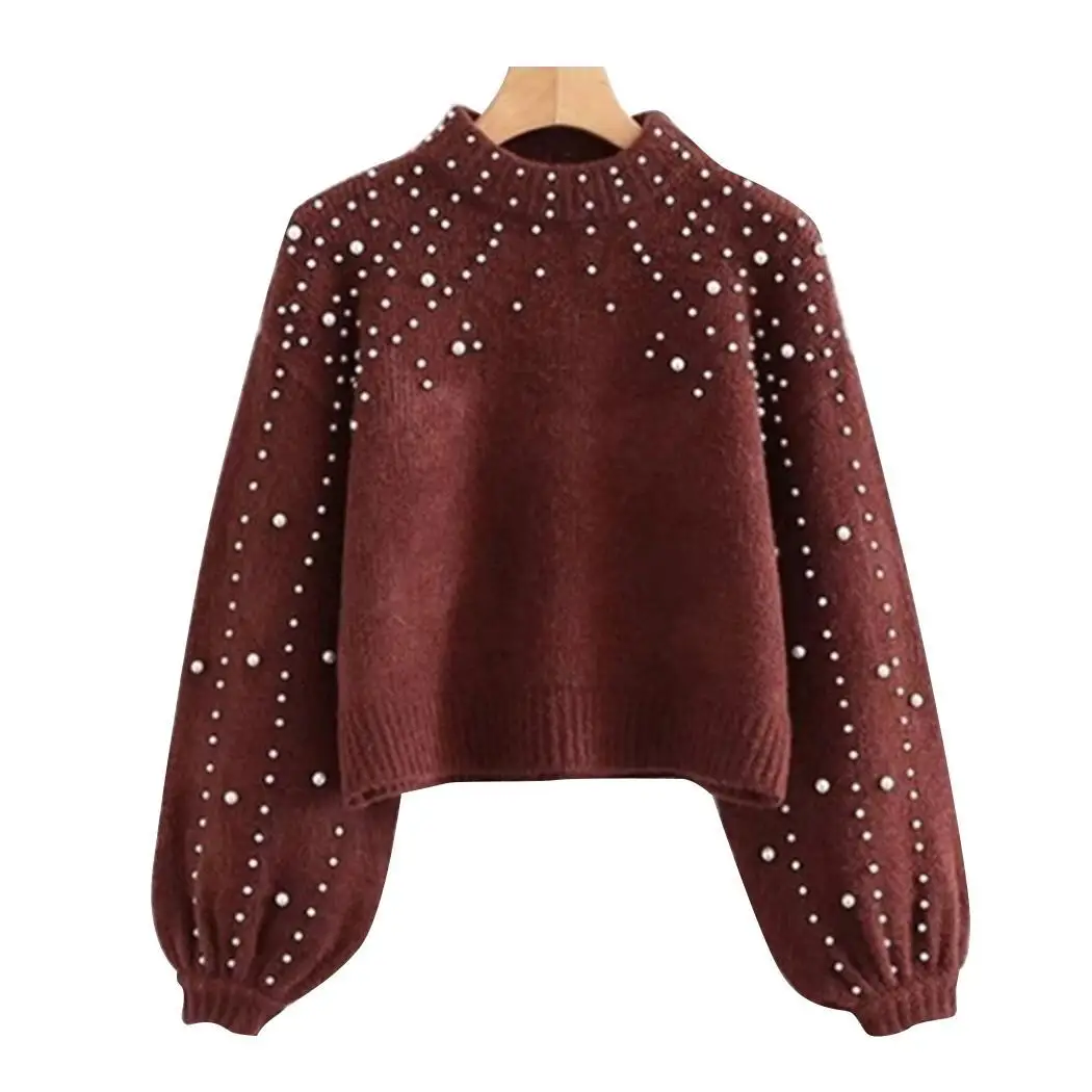 

Women Casual Pullover Bishop Sleeve Beaded Loose Spring, Autumn, Winter Solid Embroidery Sweater Regular Top
