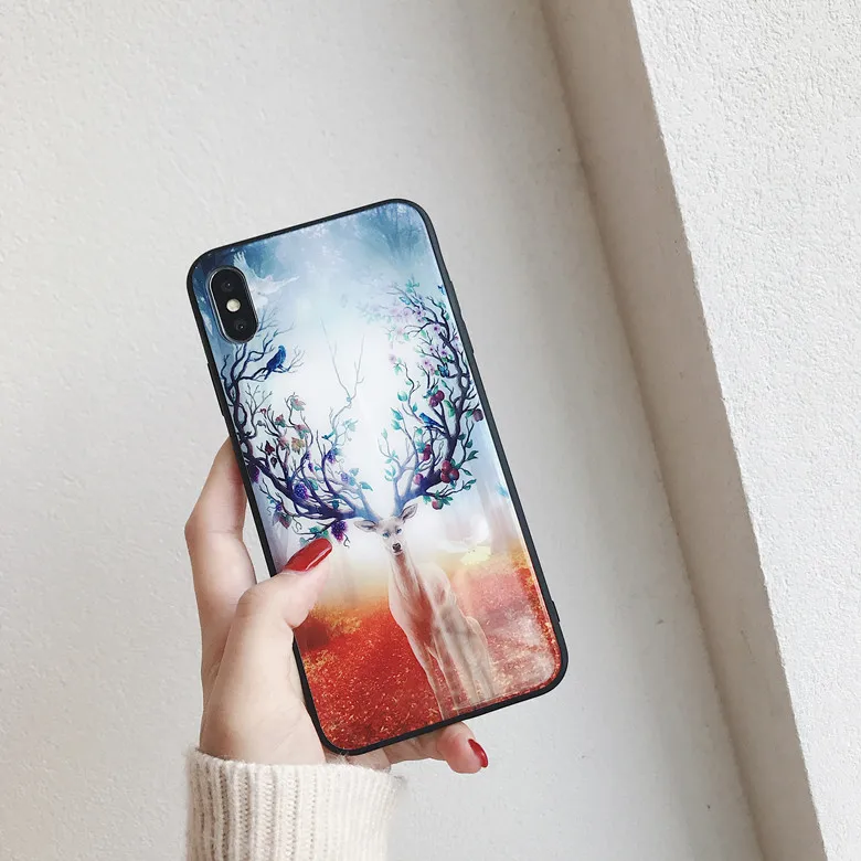 XR Fancy Dream Deer Tempered Glass Phone Case Anti-shock Full Cover For iPhoneXsmax 8plus 6s 7plus Shell Body Protection | Мобильные