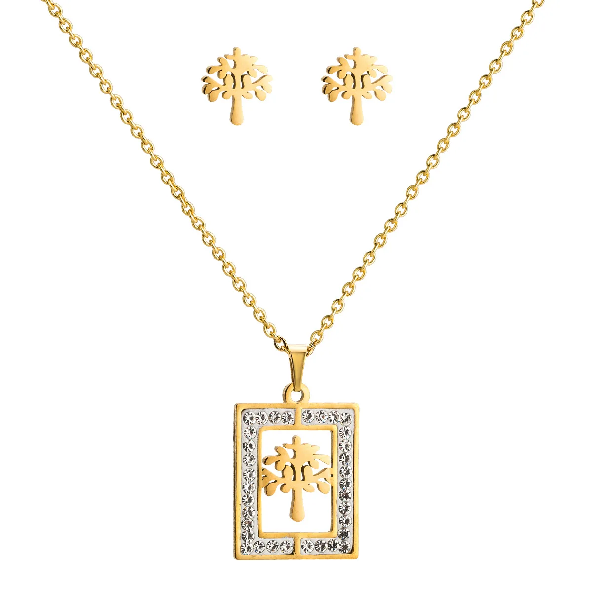 

Never Fade 316L Stainless Steel Crystal Wedding Jewelry Set Round Charm Life of Tree Necklace Earrings Set for Women Gift