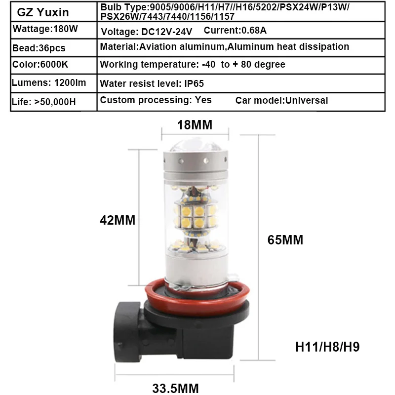 

2pc Car H11 led Fog Light 2828 Super DRL White 36LED 180W Tail Headlamp Fog Light Daytime Running Light 12V Auto Motorcycle Lamp