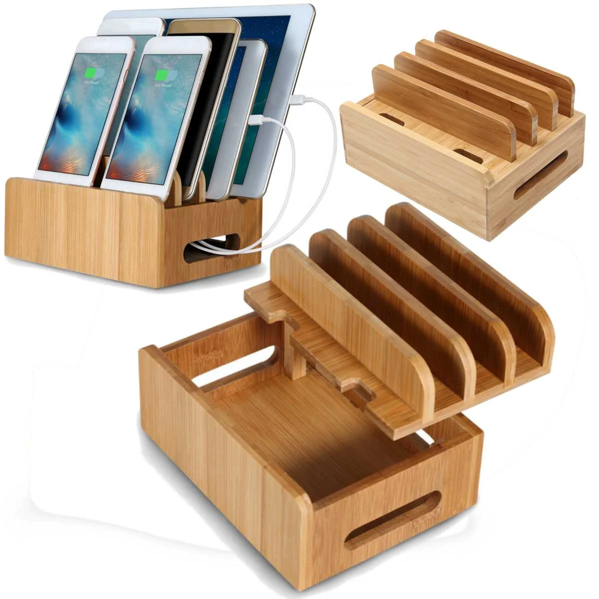 

Multifunction Bamboo Mobile Phone Holder Cords Organizer Stand Charging Station For iPhone For Samsung Phone/Tablet Universal