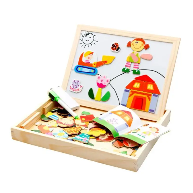 

Children Wooden Magnetic Puzzle Drawing Board Kids Cartoon Figure Puzzle Matching Box Baby Learning Educational Toy Stickers Pen